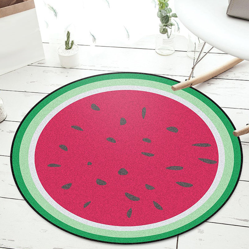 Unique Watermelon Pattern Rug Red and Green Kids Rug Polyester Washable Pet Friendly Non-Slip Carpet for Children's Room