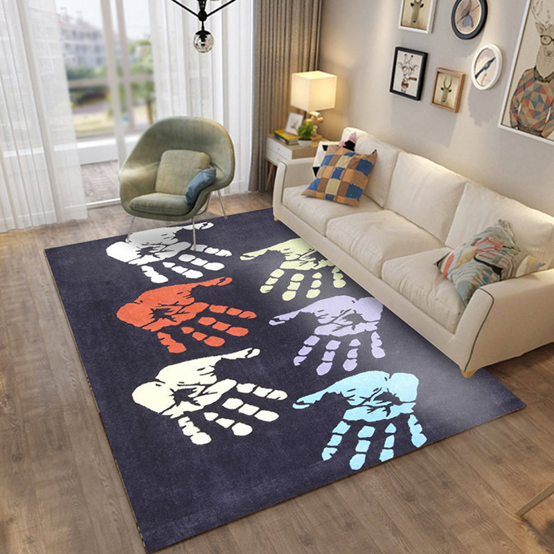 Kids Handprint Pattern Rug Black and Apricot Polyester Rug Washable Pet-Friendly Non-Slip Area Rug for the Kids' Room