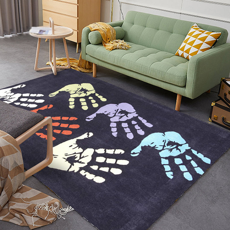 Kids Handprint Pattern Rug Black and Apricot Polyester Rug Washable Pet-Friendly Non-Slip Area Rug for the Kids' Room