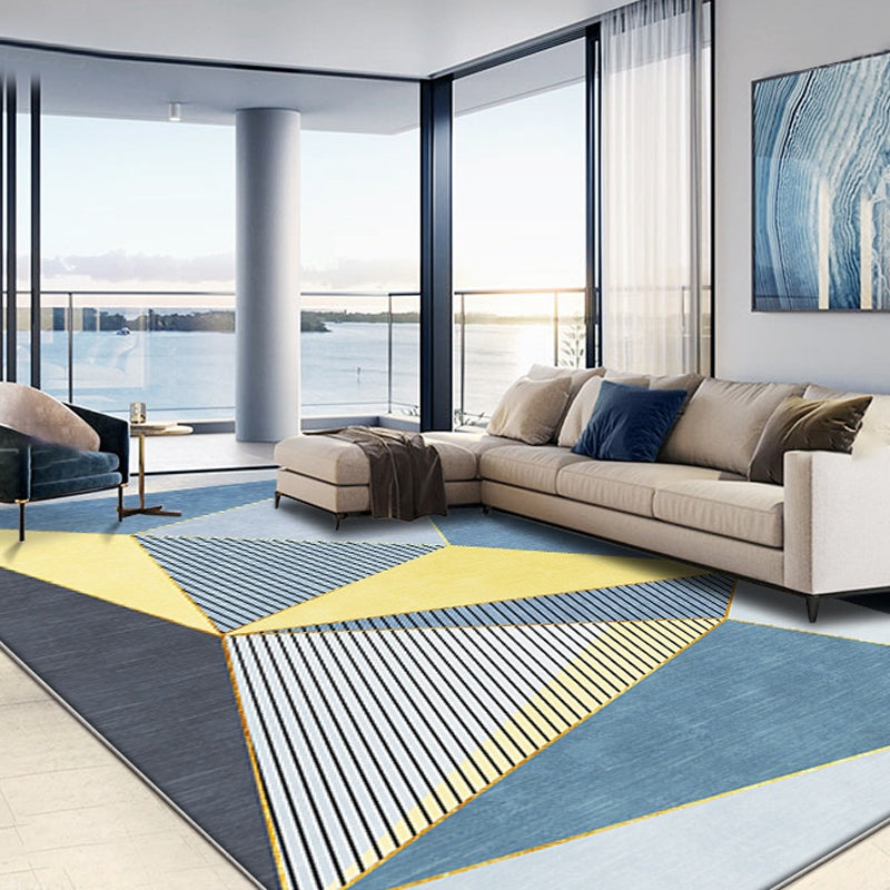 Blue Modernist Carpet Polyester Geometric and Stripe Pattern Carpet Pet Friendly Washable Non-Slip Back Carpet for the Living Room