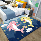 Kids Cartoon Dolphin Pattern Rug with Star Green and Blue Polyester Rug Washable Pet Friendly Non-Slip Area Rug for Kids Room
