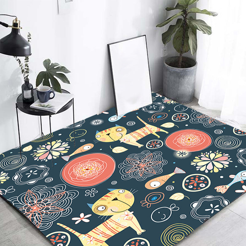 Dark Black Children’s Mat Polyester Animal and Flower Pattern Carpet Pet Friendly Washable Non-Slip Backing Rug for Decoration