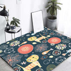 Dark Black Children’s Mat Polyester Animal and Flower Pattern Carpet Pet Friendly Washable Non-Slip Backing Rug for Decoration