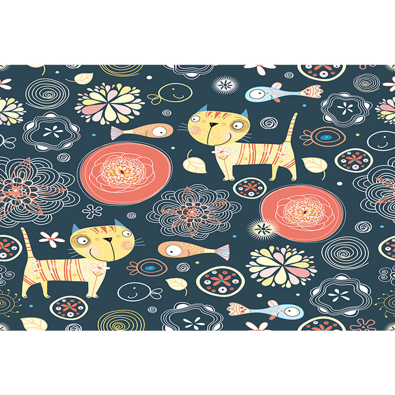 Dark Black Children’s Mat Polyester Animal and Flower Pattern Carpet Pet Friendly Washable Non-Slip Backing Rug for Decoration