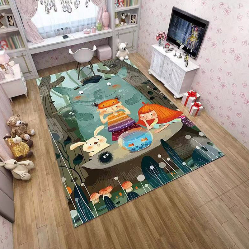Pink and Green Children Rug Polyester Cartoon Character Pattern Rug Pet-Friendly Washable Non-Slip Backing Rug for Decoration
