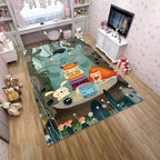 Pink and Green Children Rug Polyester Cartoon Character Pattern Rug Pet-Friendly Washable Non-Slip Backing Rug for Decoration