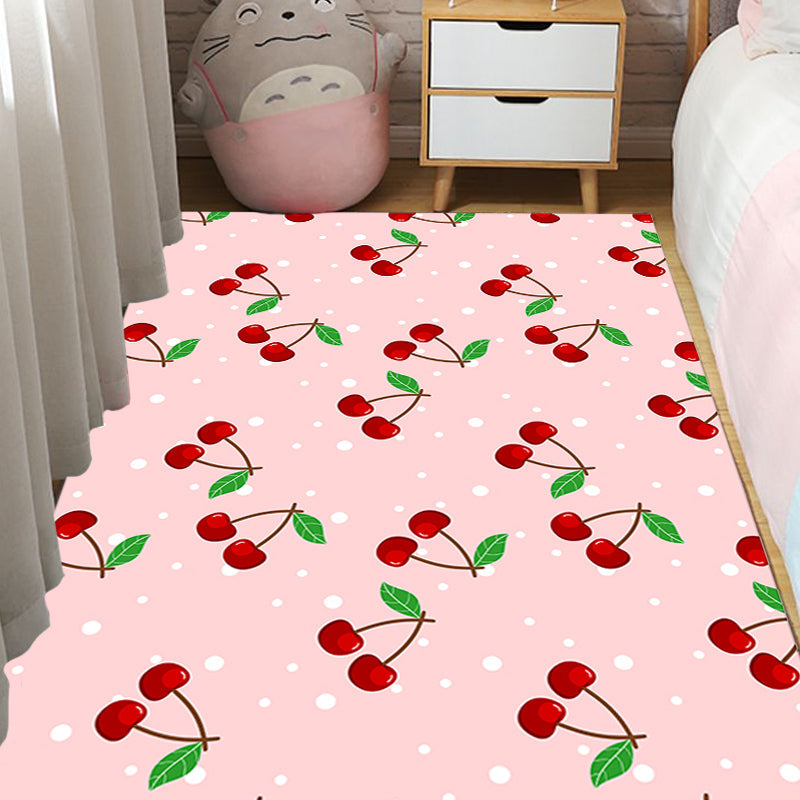 Pink Children's Carpet Synthetic Cherry Pattern Carpet Pet Friendly Washable Non-Slip Back Carpet for Decoration