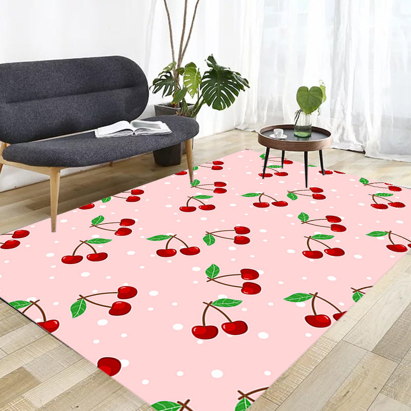 Pink Children's Carpet Synthetic Cherry Pattern Carpet Pet Friendly Washable Non-Slip Back Carpet for Decoration