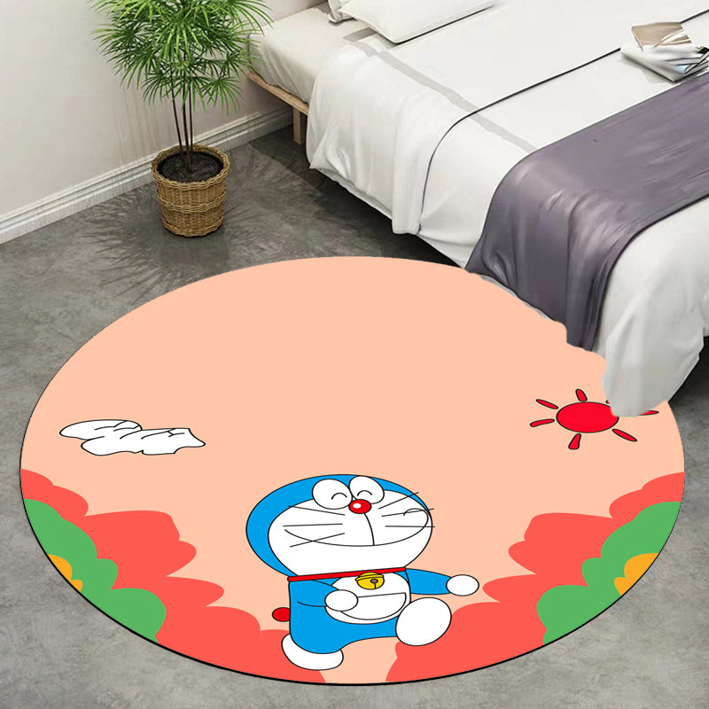 Kids Cartoon Cat Pattern Rug Pink and Red Polyester Carpet Washable Pet Friendly Non-Slip Area Rug for Children's Room