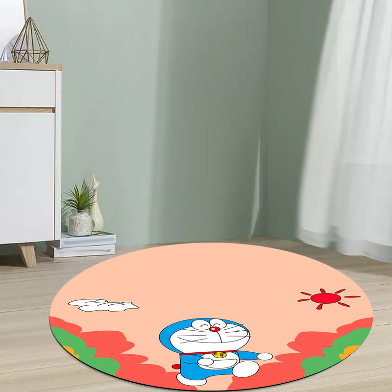 Kids Cartoon Cat Pattern Rug Pink and Red Polyester Carpet Washable Pet Friendly Non-Slip Area Rug for Children's Room