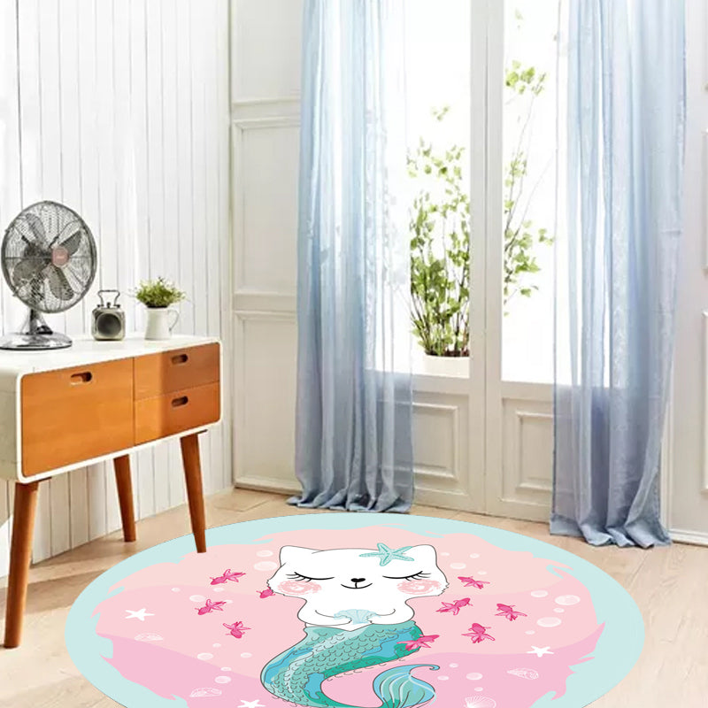Kids Cartoon Cat Pattern Rug Pink and Red Polyester Carpet Washable Pet Friendly Non-Slip Area Rug for Children's Room