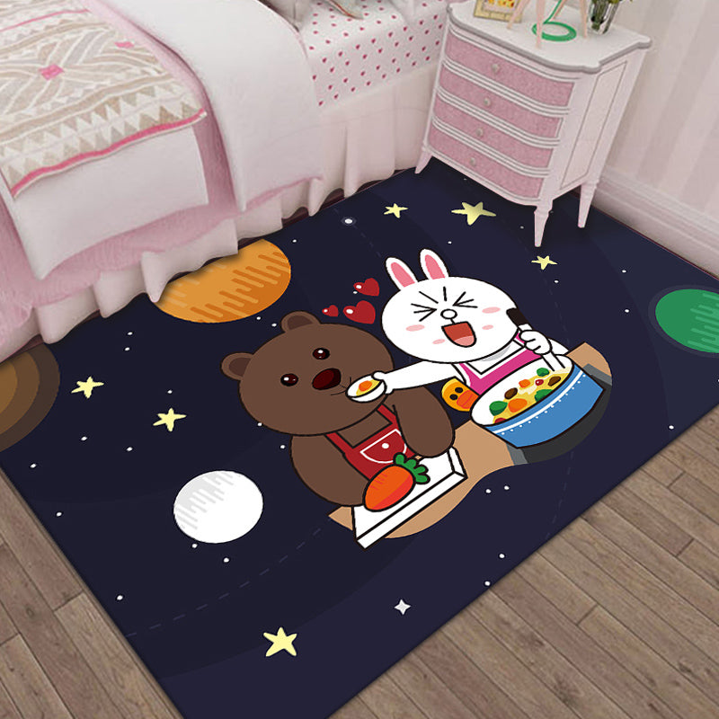 Unique Cartoon Animal Pattern Rug Black and Blue Kids Rug Polyester Pet Friendly Washable Area Rug for Children's Room