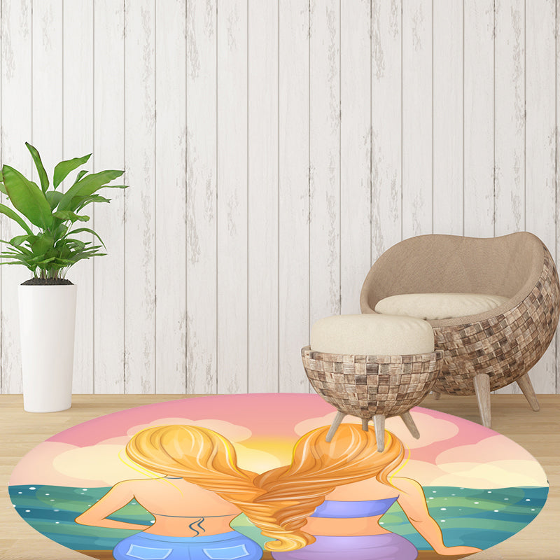 Stylish House Pattern Rug Pink and Green Children's Area Rug Polyester Pet-Friendly Washable Non-Slip Backing Area Rug for Nursery