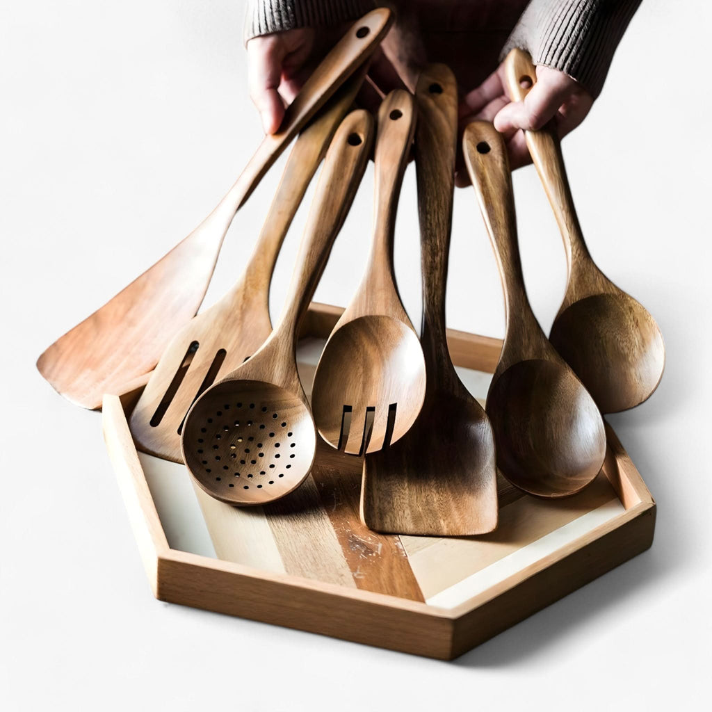 Teak Wooden Kitchen Utensil Set with Holder