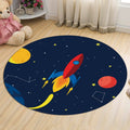 Dark Blue Children's Carpet Polyester Spaceships and Stars Pattern Carpet Pet Friendly Washable Nonslip Rug for Decoration