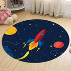 Dark Blue Children's Carpet Polyester Spaceships and Stars Pattern Carpet Pet Friendly Washable Nonslip Rug for Decoration