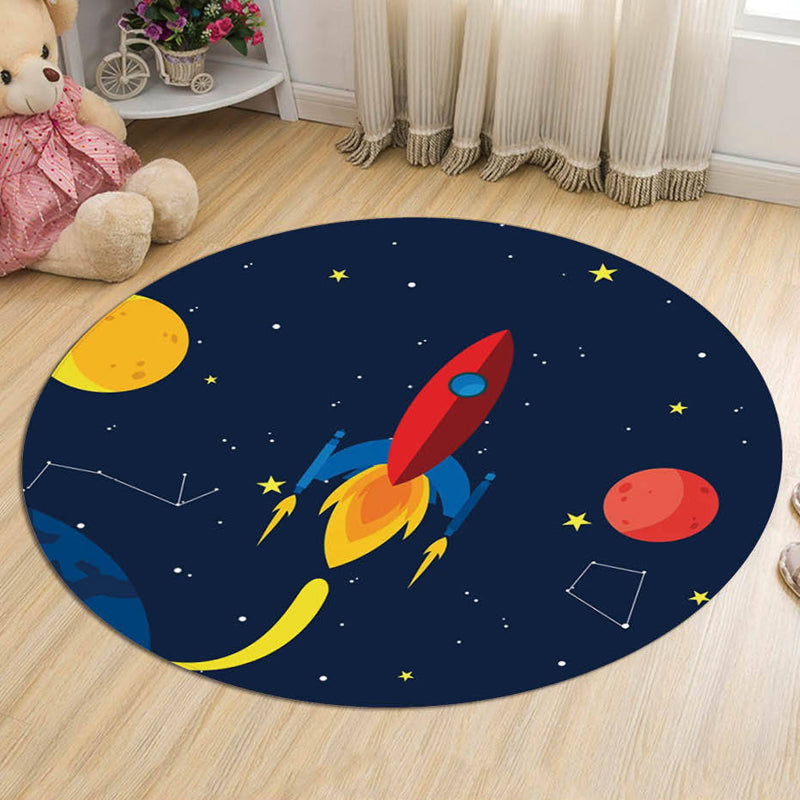 Dark Blue Children's Carpet Polyester Spaceships and Stars Pattern Carpet Pet Friendly Washable Nonslip Rug for Decoration