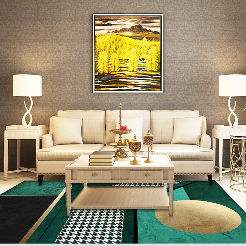 Modern geometric patterned rug with houndstooth pattern green polyester rug washable pet-friendly non-slip rug for the living room