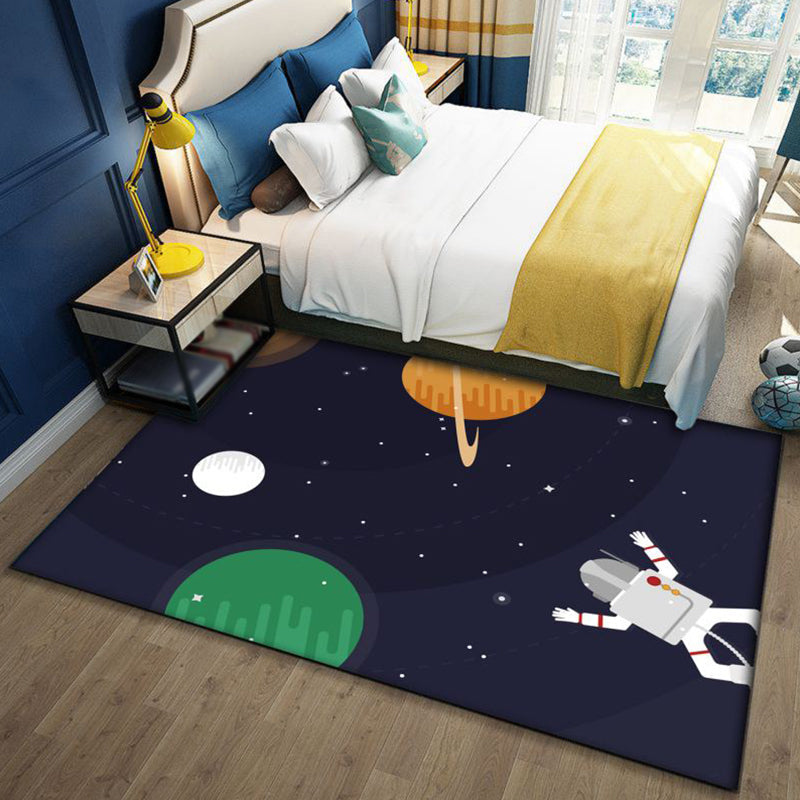 Kids Space Pattern Rug with Spaceship Multicolor Polyester Rug Washable Pet Friendly Non-Slip Rug for the Children's Room