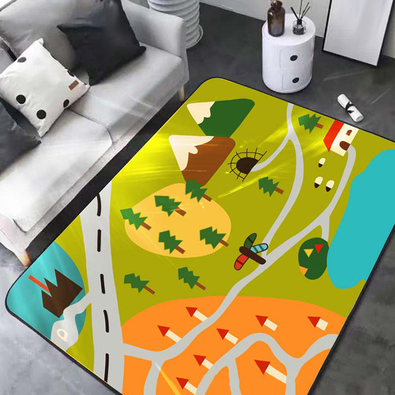 Kids Map Pattern Rug Green Polyester Rug Washable Pet-Friendly Non-Slip Area Rug for the Children's Room