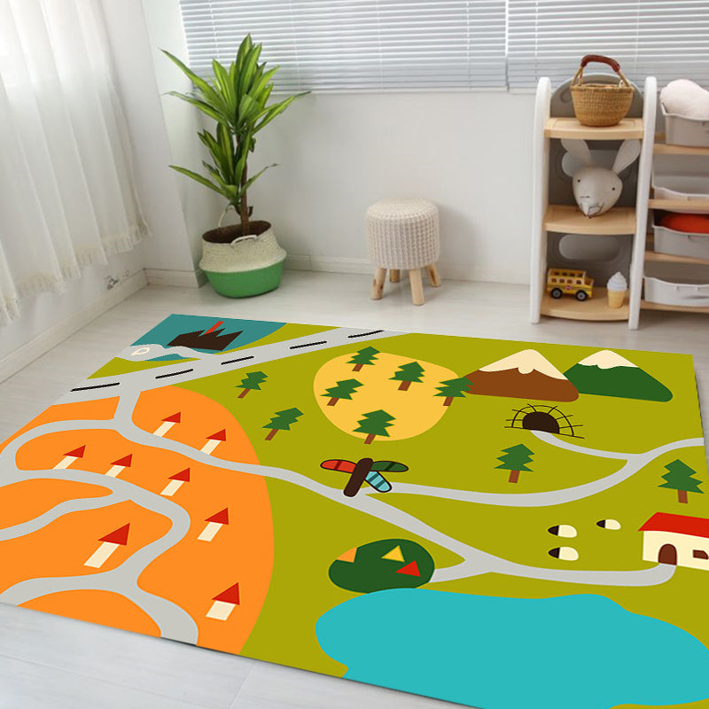 Kids Map Pattern Rug Green Polyester Rug Washable Pet-Friendly Non-Slip Area Rug for the Children's Room