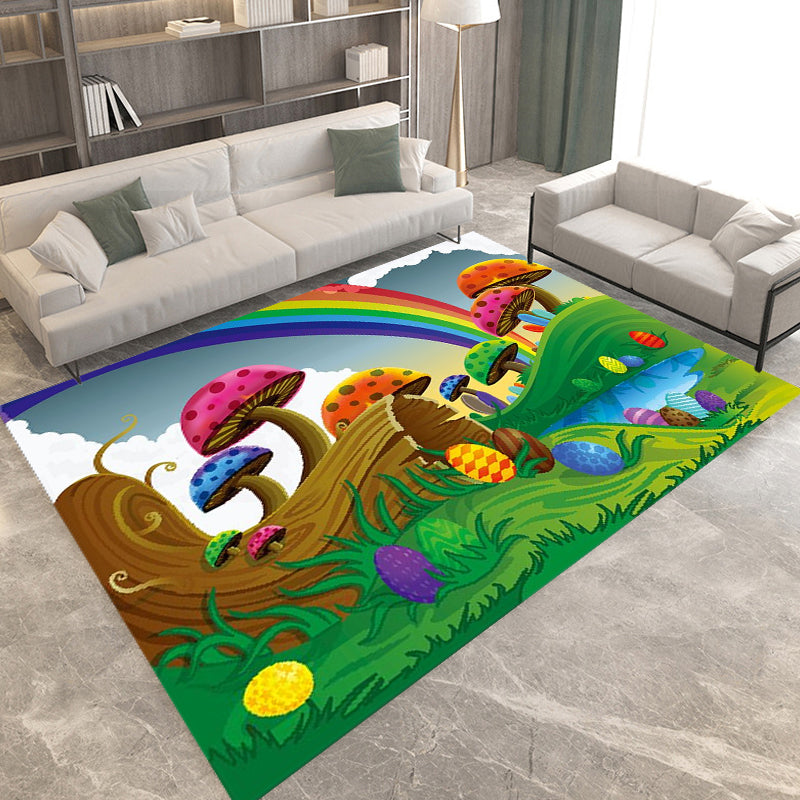 Kids Plant Pattern Carpet Green and Blue Polyester Carpet Washable Pet Friendly Non-Slip Carpet for the Children's Room