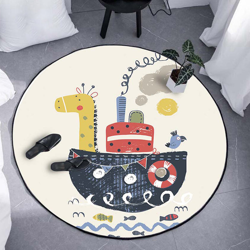 Kids Ship Pattern Rug Beige and Orange Polyester Rug Washable Pet-Friendly Non-Slip Rug for the Children's Room