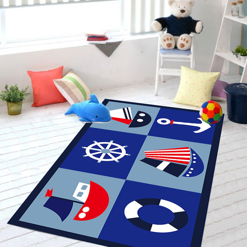 Children's ship pattern carpet with anchor Blue Polyester Carpet Washable Pet-friendly Non-slip Carpet for the nursery