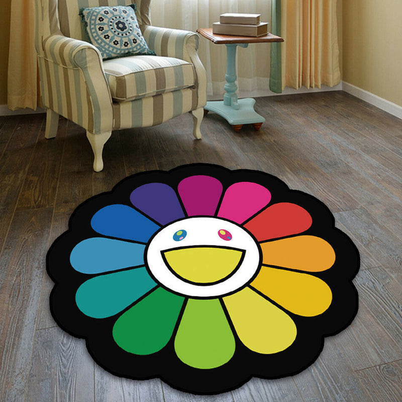 Colorful Flower Pattern Rug Black Multicolor Kids Rug Polyester Pet Friendly Washable Area Rug for Kids Room