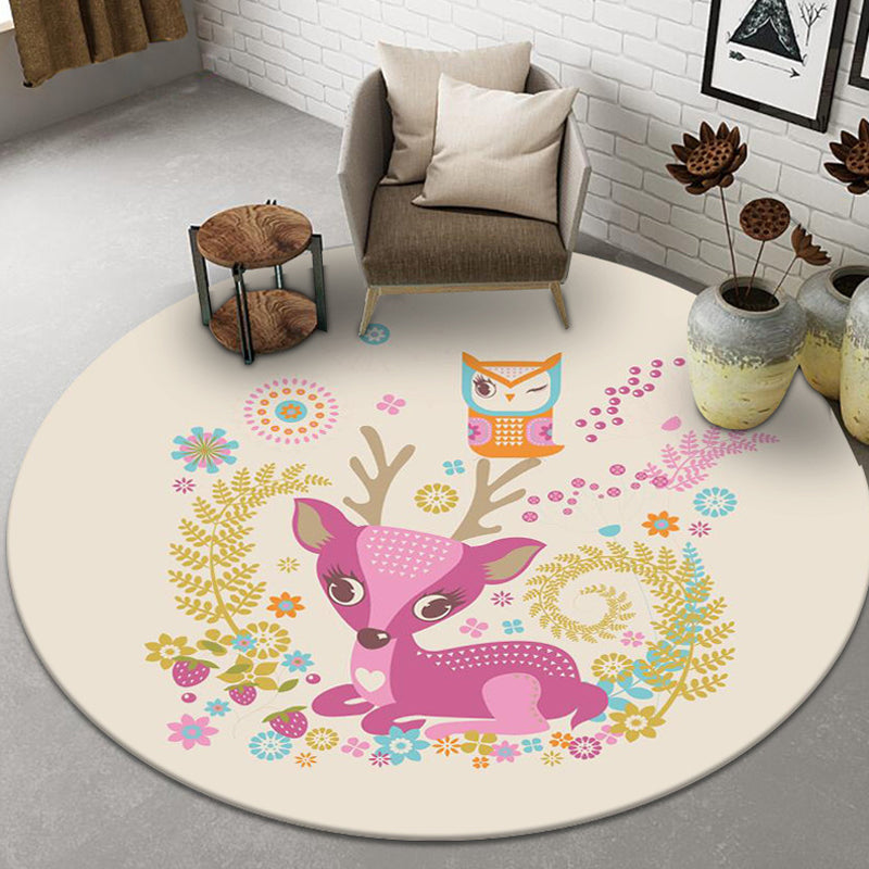 Beautiful Cartoon Animal Pattern Rug Beige and Red Kids Rug Polyester Pet-Friendly Washable Area Rug for the Children's Room