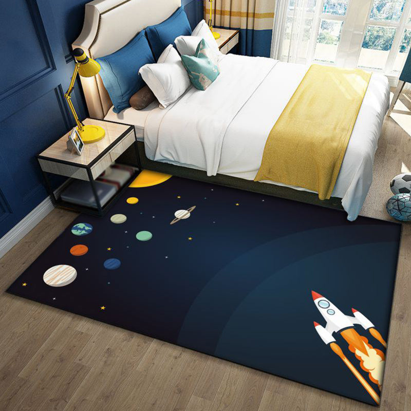 Stylish Outer Space Pattern Rug Blue and Black Children's Rug Polyester Washable Pet-Friendly Non-Slip Rug for the Children's Room