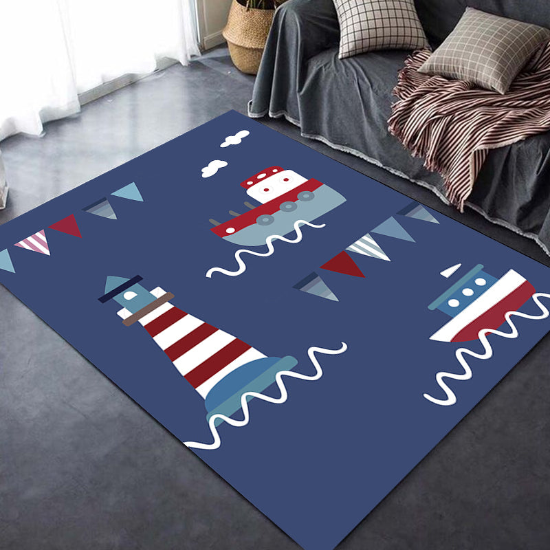 Blue Children's Carpet Polyester Lantern and Ship Pattern Carpet Pet Friendly Washable Non-Slip Backing Carpet for Decoration