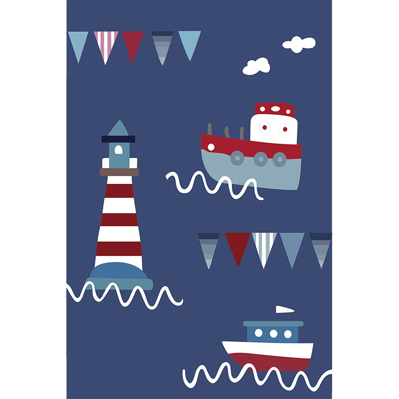 Blue Children's Carpet Polyester Lantern and Ship Pattern Carpet Pet Friendly Washable Non-Slip Backing Carpet for Decoration