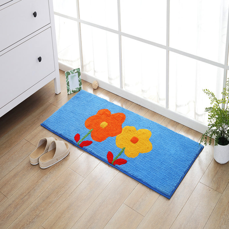 Blue and orange children's carpet polyester leaf and flower pattern carpet pet-friendly washable non-slip backing carpet for decoration