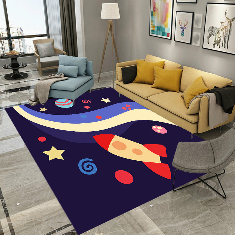 Children's Spaceship Pattern Rug with Planet Dark Blue Polyester Rug Washable Pet-Friendly Non-Slip Rug for the Children's Room