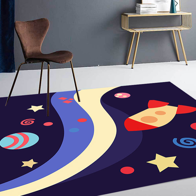 Children's Spaceship Pattern Rug with Planet Dark Blue Polyester Rug Washable Pet-Friendly Non-Slip Rug for the Children's Room