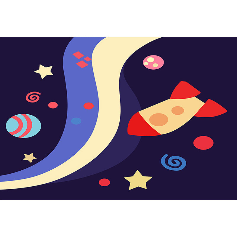 Children's Spaceship Pattern Rug with Planet Dark Blue Polyester Rug Washable Pet-Friendly Non-Slip Rug for the Children's Room