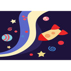 Children's Spaceship Pattern Rug with Planet Dark Blue Polyester Rug Washable Pet-Friendly Non-Slip Rug for the Children's Room