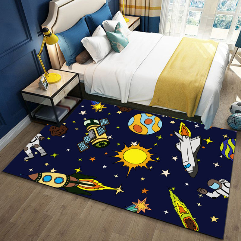Black and Blue Kids Rug Polyester Space and Beach Pattern Rug Pet Friendly Washable Non-Slip Backing Carpet for Decoration