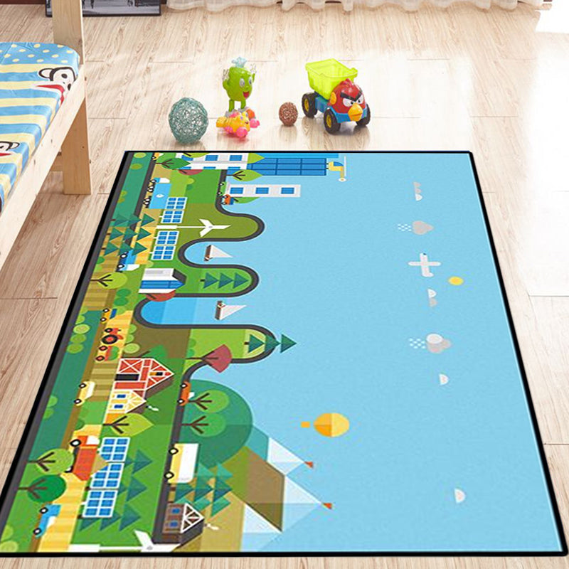 Unique Construction Pattern Rug Blue Children's Rug Polyester Washable Pet-Friendly Non-Slip Rug for the Children's Room
