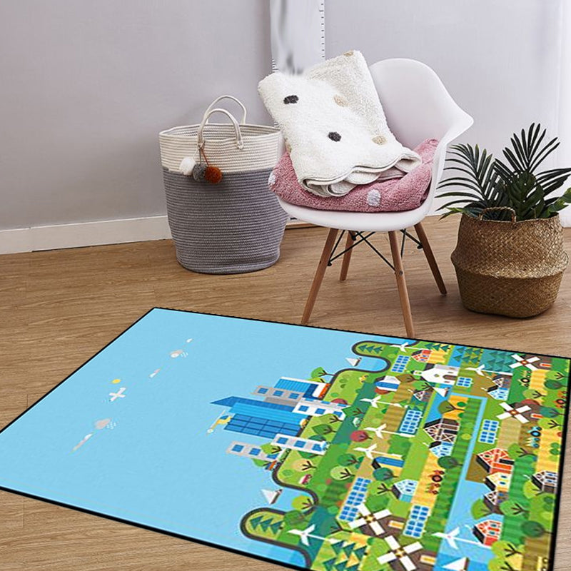 Unique Construction Pattern Rug Blue Children's Rug Polyester Washable Pet-Friendly Non-Slip Rug for the Children's Room