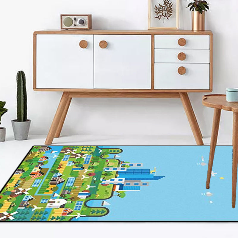 Unique Construction Pattern Rug Blue Children's Rug Polyester Washable Pet-Friendly Non-Slip Rug for the Children's Room