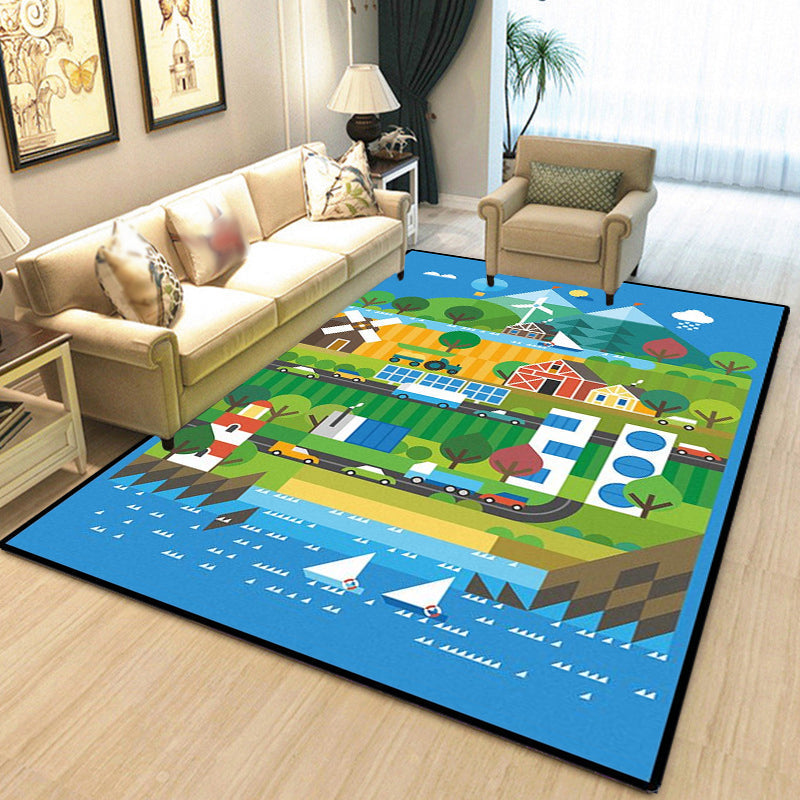 Unique Construction Pattern Rug Blue Children's Rug Polyester Washable Pet-Friendly Non-Slip Rug for the Children's Room