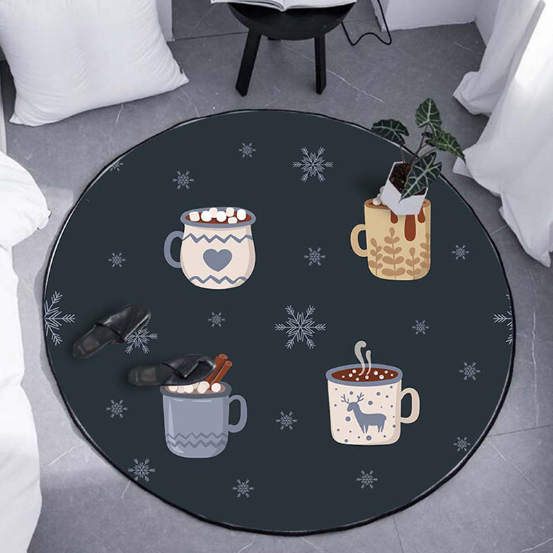 Kids Coffee Pattern Rug Black Polyester Rug Washable Pet Friendly Non-Slip Area Rug for the Children's Room