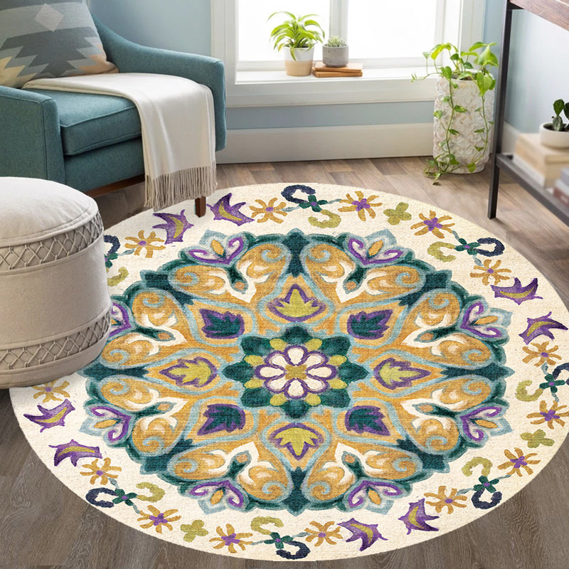 Unique Flower Pattern Rug Colorful Moroccan Rug Polyester Pet Friendly Non-Slip Back Washable Rug for the Living Room