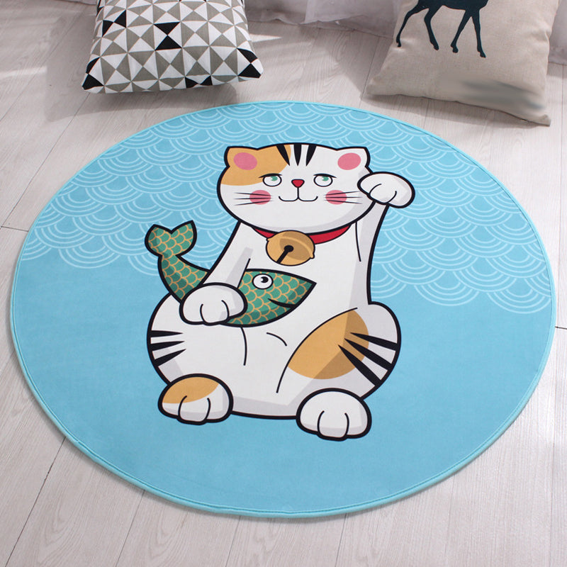Kids Cat Pattern Rug Blue and Pink Polyester Rug Washable Pet-Friendly Non-Slip Rug for the Children's Room