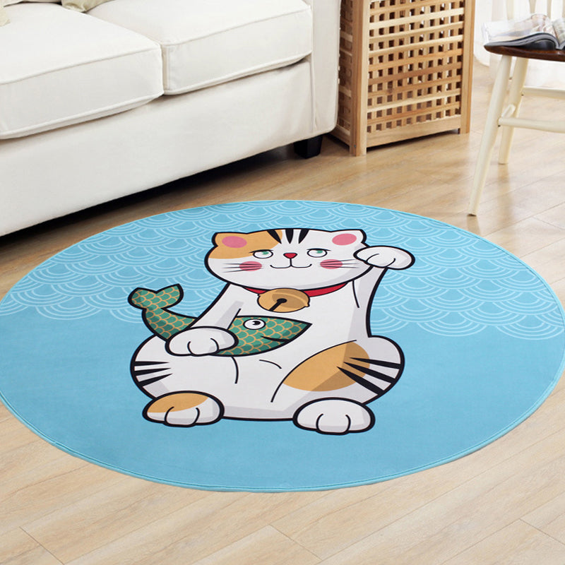 Kids Cat Pattern Rug Blue and Pink Polyester Rug Washable Pet-Friendly Non-Slip Rug for the Children's Room