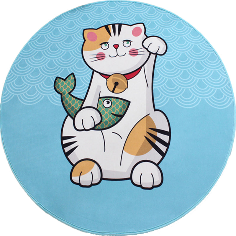 Kids Cat Pattern Rug Blue and Pink Polyester Rug Washable Pet-Friendly Non-Slip Rug for the Children's Room