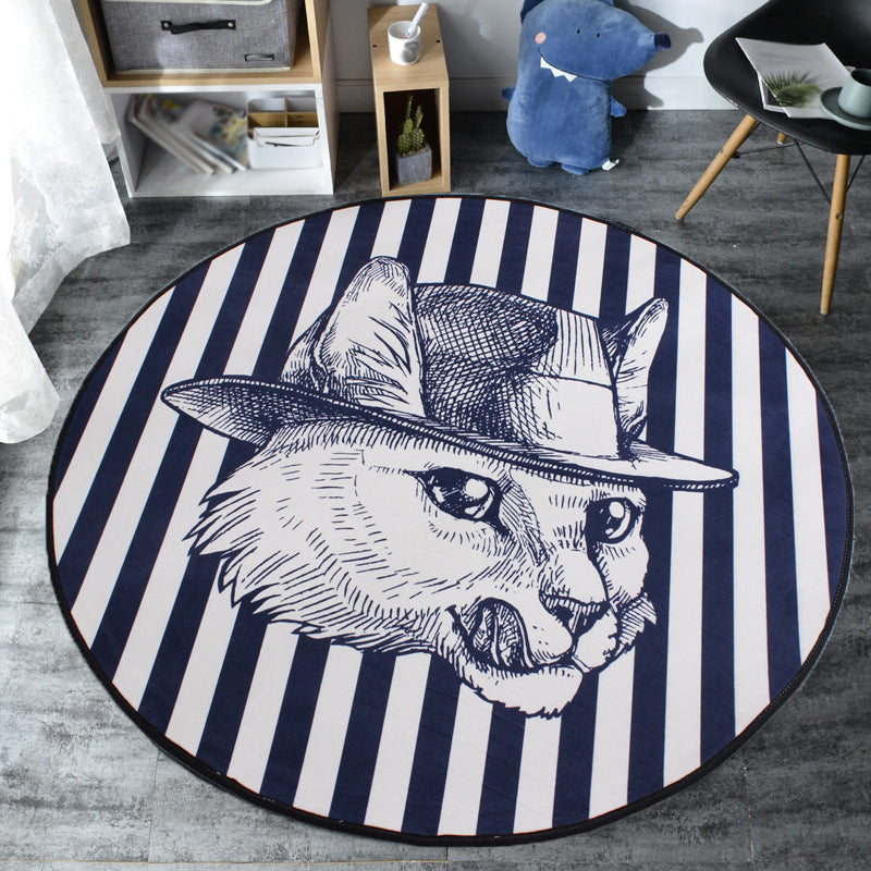 Kids Cat Pattern Rug Blue and Pink Polyester Rug Washable Pet-Friendly Non-Slip Rug for the Children's Room