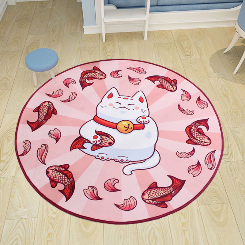 Kids Cat Pattern Rug Blue and Pink Polyester Rug Washable Pet-Friendly Non-Slip Rug for the Children's Room